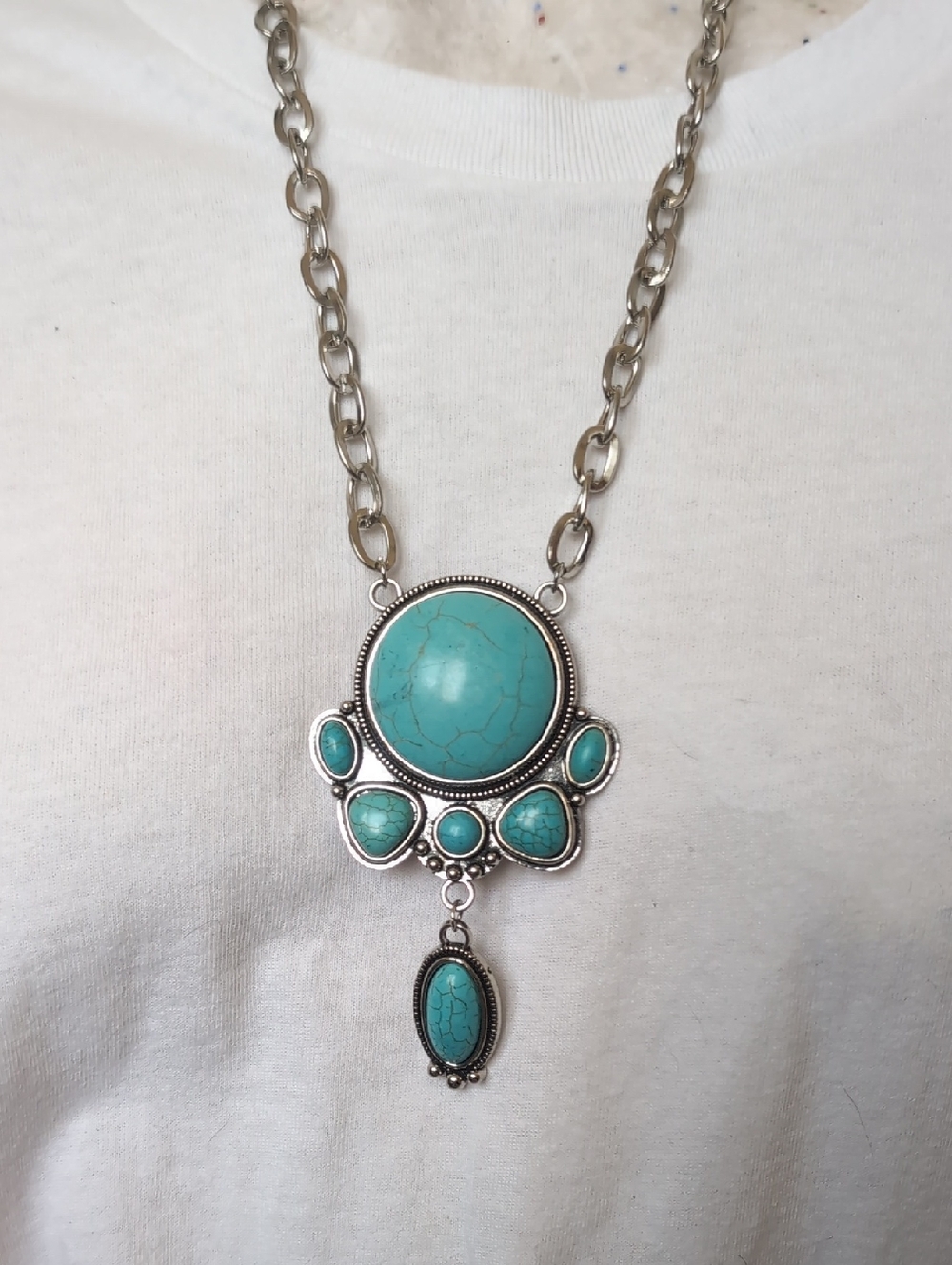 Faux Turquoise Statement Pendant Necklace - Silver-Tone Chain